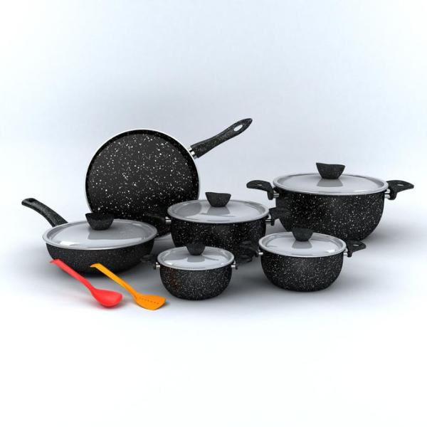 Lapis لابيس طقم اواني طهي جرانيت حلة مقاس 18 - 20 - 22 - 26 سم + ووك مقاس 24 سم + مقلاية كريب مقاس 30 سم + قطعتان توزيع 13 قطعه اسود