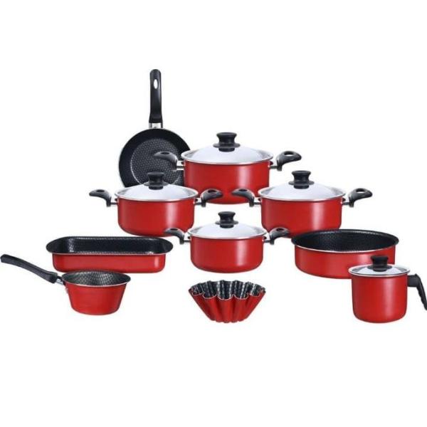 Trueval طقم حلل تيفلون ، بغطاء ستانلس ستيل، 15 قطعه - احمر