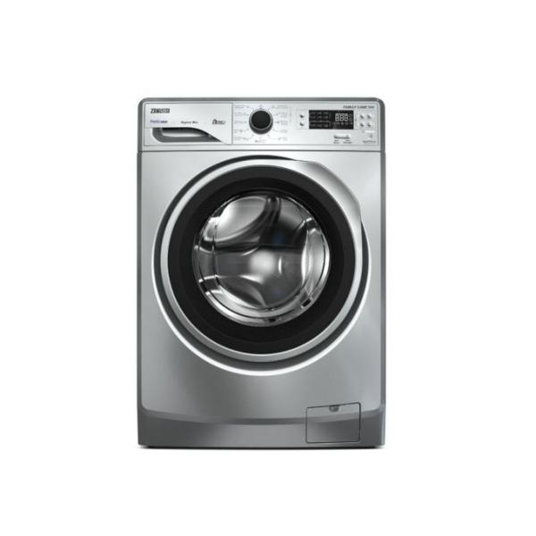 Zanussi ZWF8240SS6 – غسالة أوتوماتيك – 8 كجم – 1200 لفة/دقيقة – رقمية – برامج متعددة – فضي – موتور عادي – باب أسود بحلقة فضية
