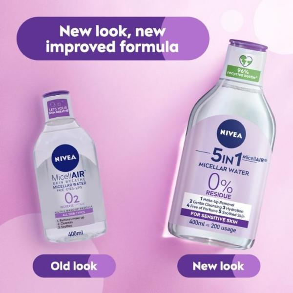 NIVEA ماء ميسيلار للوجه، مزيل مكياج للوجه والعينين والشفتين، بدون بقايا، لجميع أنواع البشرة، 400 مل